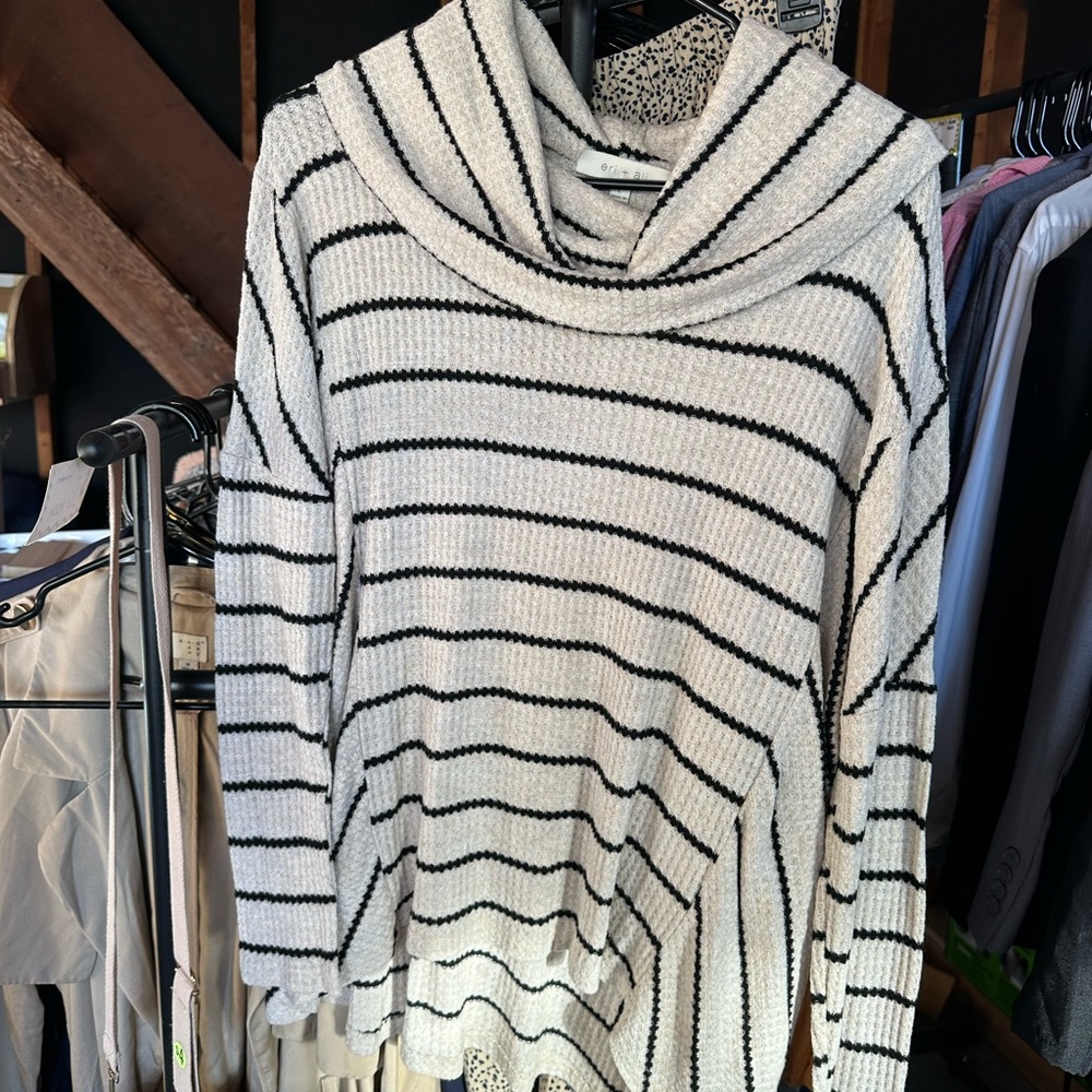 Striped Cozy Cowl Neck Sweater - White/Black